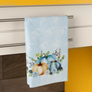 Blauw Aquarel Pompoen Herfst Keukenhanddoek