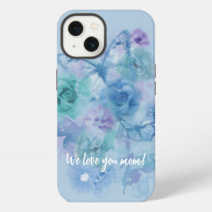 Blauw Aquarel Rozen en Vlinders iPhone 13 Hoesje