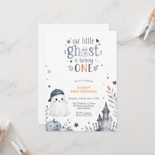 Blauw Aquarel Schattig Spookje Halloween Verjaarda Kaart