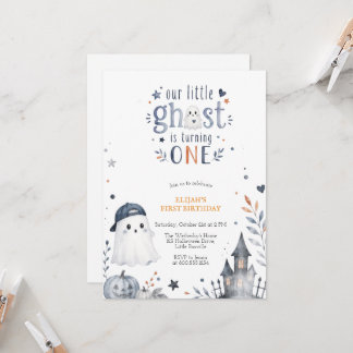 Blauw Aquarel Schattig Spookje Halloween Verjaarda Kaart