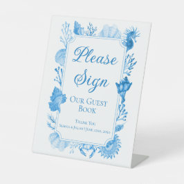 Blauw Aquarel Schelp Kust Bruiloft Gastboek Reclamebord Met Voetstuk