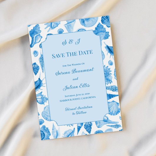 Blauw Aquarel Schelp Kust Chic Save The Date