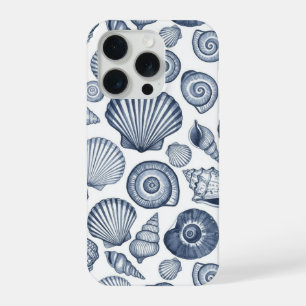 Blauw Aquarel Schelp Patroon Kust Nautilus iPhone 15 Pro Case