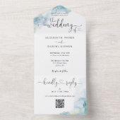 Blauw Aquarel Script Harten QR Code Trouwen All In One Uitnodiging (Binnen)