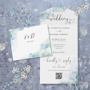 Blauw Aquarel Script Harten QR Code Trouwen All In One Uitnodiging