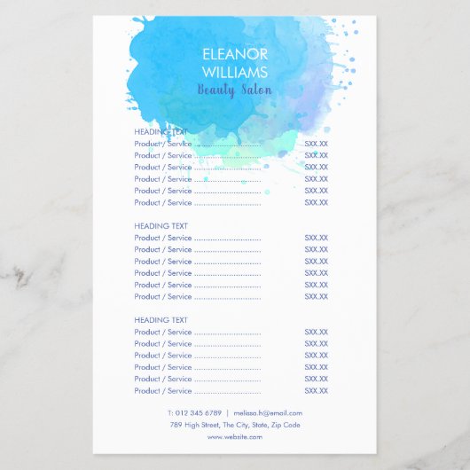 Blauw Aquarel Spat Salon Service Menu (Voorkant)