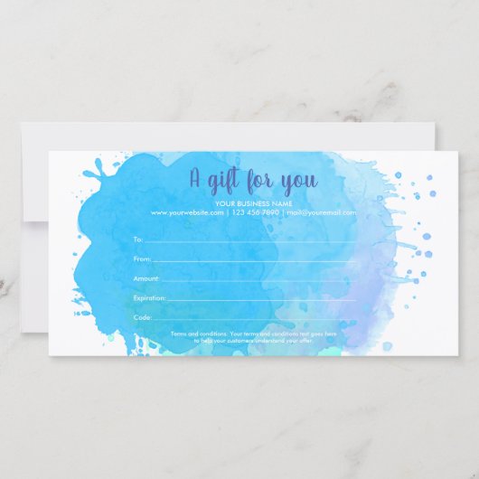 Blauw Aquarel Spat Water Zakelijk Cadeaubon (Voorkant)