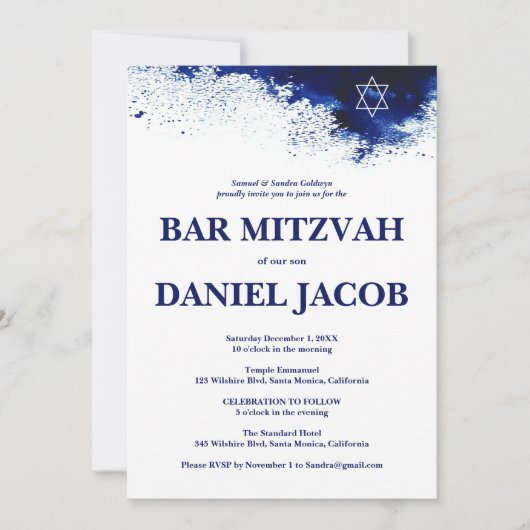 Blauw Aquarel Spat Waterdichte BAR BAT MITZVAH  Kaart (Voorkant)