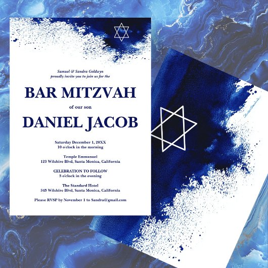 Blauw Aquarel Spat Waterdichte BAR BAT MITZVAH Kaart