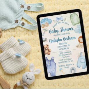 Blauw Aquarel Speelgoed & Kleren Baby Borrel Kaart