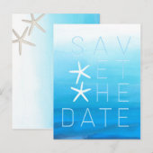 Blauw Aquarel Strand Bruiloft Save the Date Aankondigingskaart (Voorkant / Achterkant)