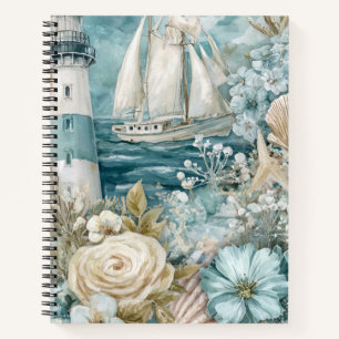 BLAUW AQUAREL STRANDSCÈNE ZEEBOOT VUURTOREN NOTITIEBOEK