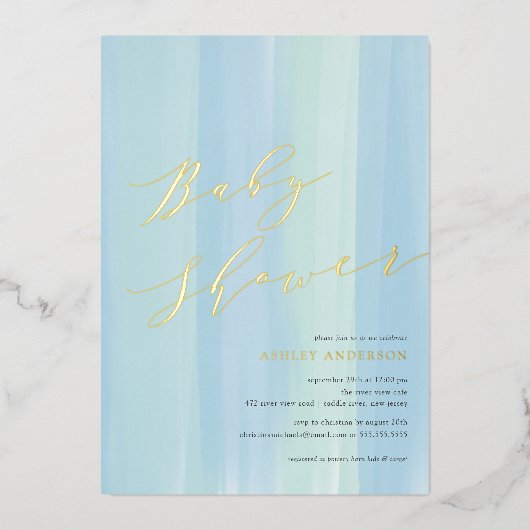 Blauw aquarel streep baby shower folie uitnodiging (Voorkant)