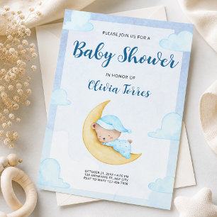 Blauw Aquarel Teddbeer op Maan Baby Shower Kaart