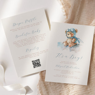 Blauw Aquarel Teddbeer QR Code Jongens Baby Shower Kaart