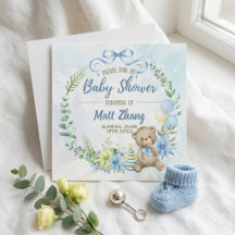 Blauw Aquarel Teddybeer Botanische Baby Shower