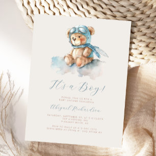 Blauw Aquarel Teddybeer Jongens Baby Shower Briefkaart