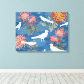 Blauw Aquarel Vintage Bloemen & Vogels Canvas Afdruk (Insitu (Houten vloer))