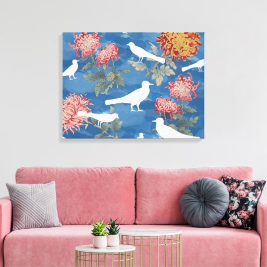 Blauw Aquarel Vintage Bloemen & Vogels Canvas Afdruk (Insitu (Woonkamer))