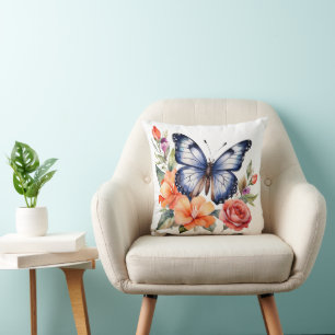 Blauw Aquarel Vlinder Perzik Rood Helder Bloemmoti Kussen