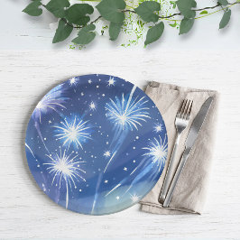 Blauw Aquarel Vuurwerk | Oud en Nieuw Feest Papieren Bordje