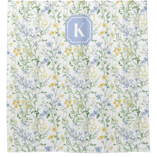 Blauw Aquarel Wildbloem Aangepaste Initiaal Douchegordijn (Voorkant)