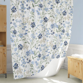 Blauw Aquarel Wildbloem Motief Douchegordijn