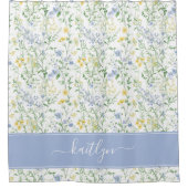 Blauw Aquarel Wilde Bloem Aangepaste Naam  Douchegordijn (Voorkant)