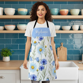 Blauw Aquarel Wilde Bloem Eigen Naam Schort