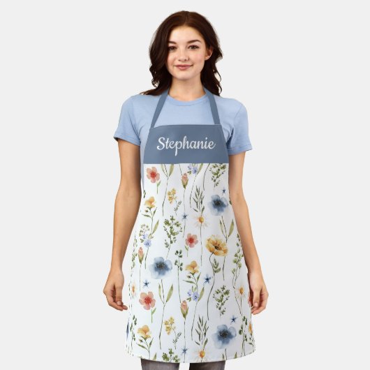 Blauw Aquarel Wilde Bloem Eigen Naam Schort (Gedragen)