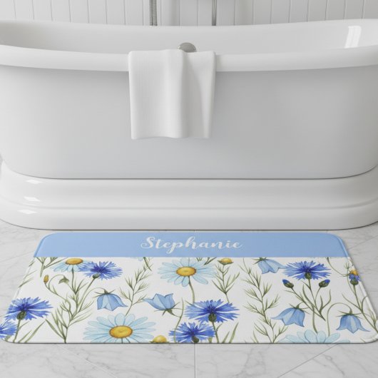 Blauw Aquarel Wilde Bloem Gepersonaliseerd Badmat