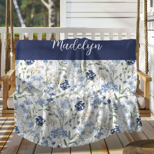 Blauw Aquarel Wilde Bloem Initiaal Naam Fleece Deken