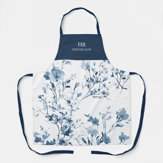 Blauw Aquarel Wilde Bloem Klassieke Naam Monogram Schort (Voorkant)