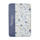 Blauw Aquarel Wilde Bloem Monogram Naam Badmat (Voorkant Verticaal)