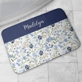 Blauw Aquarel Wilde Bloem Monogram Naam Badmat