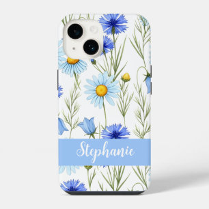 Blauw Aquarel Wilde Bloem Monogram Naam iPhone 14 Hoesje
