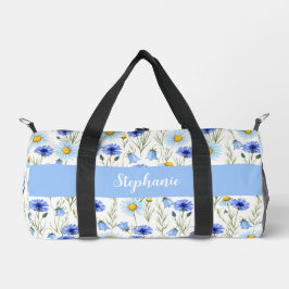 Blauw Aquarel Wilde Bloem Monogram Naam Plunjezak