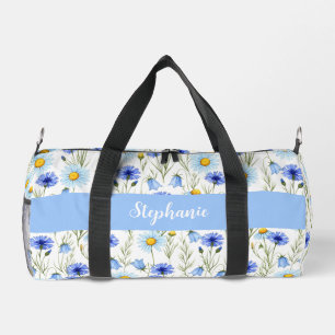 Blauw Aquarel Wilde Bloem Monogram Naam Plunjezak