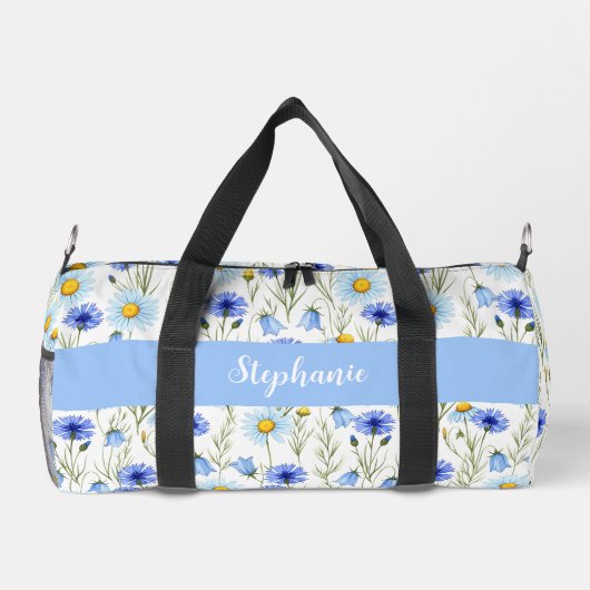 Blauw Aquarel Wilde Bloem Monogram Naam Plunjezak (Achterkant)