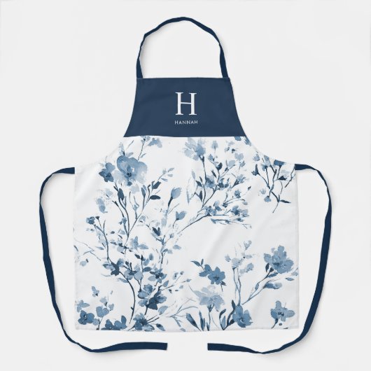 Blauw Aquarel Wilde Bloem Naam Monogram Schort (Voorkant)