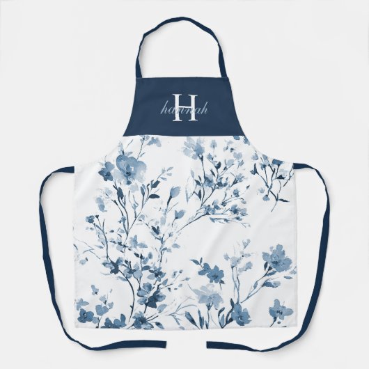 Blauw Aquarel Wilde Bloem Naam Monogram Schort (Voorkant)