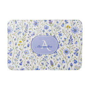 Blauw Aquarel Wilde Bloem Patroon Aangepaste Naam Badmat