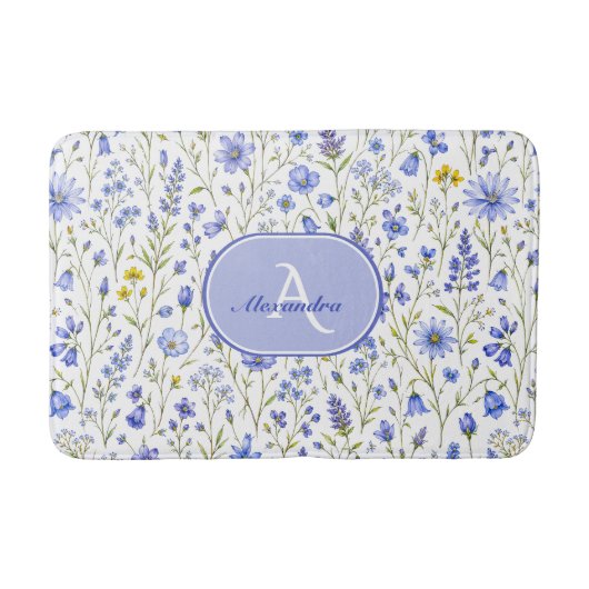 Blauw Aquarel Wilde Bloem Patroon Aangepaste Naam Badmat (Voorkant)