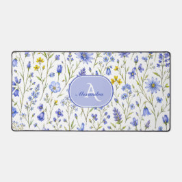 Blauw Aquarel Wilde Bloem Patroon Aangepaste Naam Bureaumat