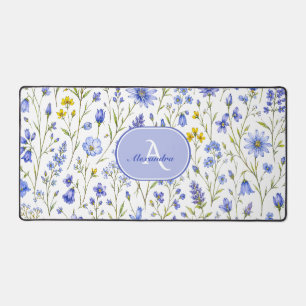 Blauw Aquarel Wilde Bloem Patroon Aangepaste Naam Bureaumat