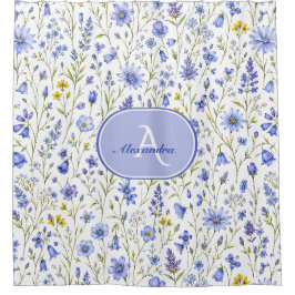 Blauw Aquarel Wilde Bloem Patroon Aangepaste Naam Douchegordijn