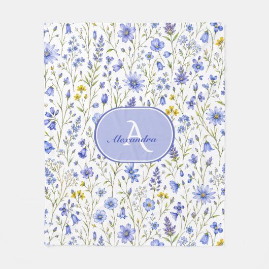 Blauw Aquarel Wilde Bloem Patroon Aangepaste Naam Fleece Deken (Voorkant)