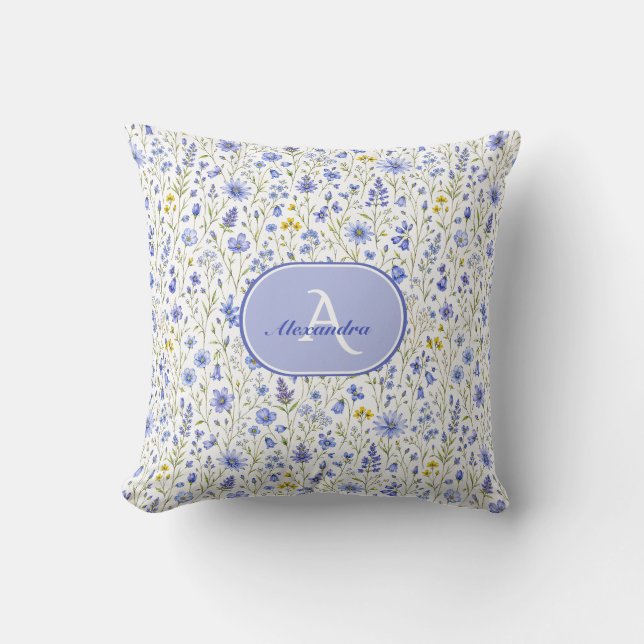 Blauw Aquarel Wilde Bloem Patroon Aangepaste Naam Kussen (Voorkant)
