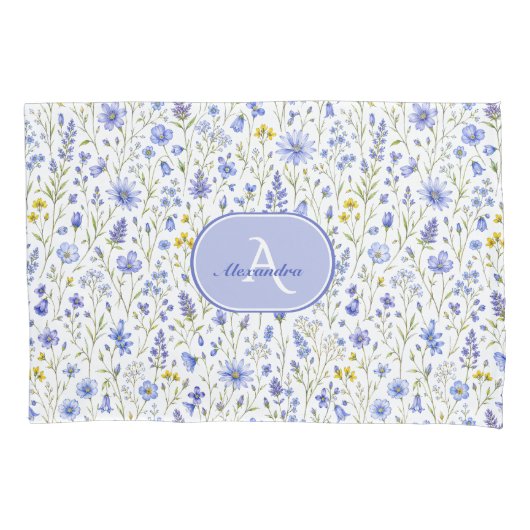Blauw Aquarel Wilde Bloem Patroon Aangepaste Naam Kussensloop (Voorkant)