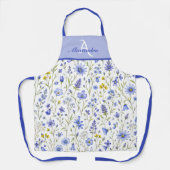 Blauw Aquarel Wilde Bloem Patroon Aangepaste Naam Schort (Voorkant)